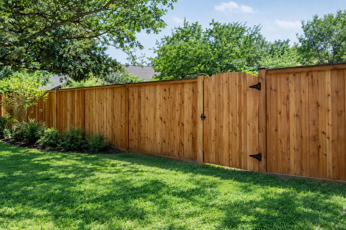 New cedar wood privacy fence and gate along a green lawn