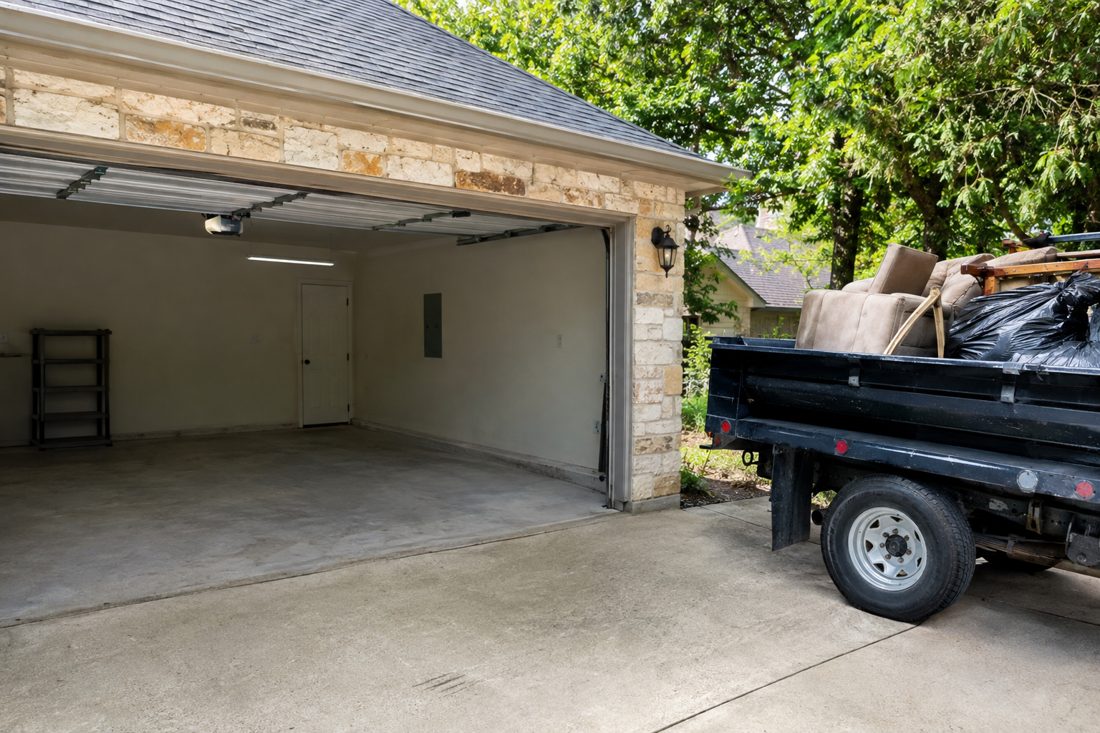 Clean garage after a cleanout with a loaded work truck in the driveway