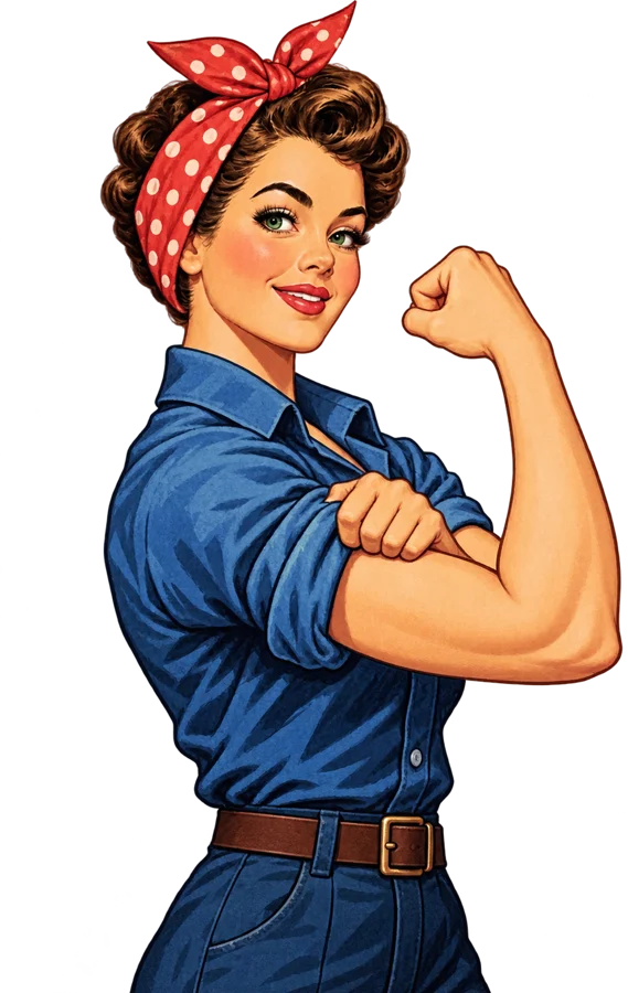 Iconic retro strong woman illustration in a red polka-dot bandana and blue work shirt flexing her arm